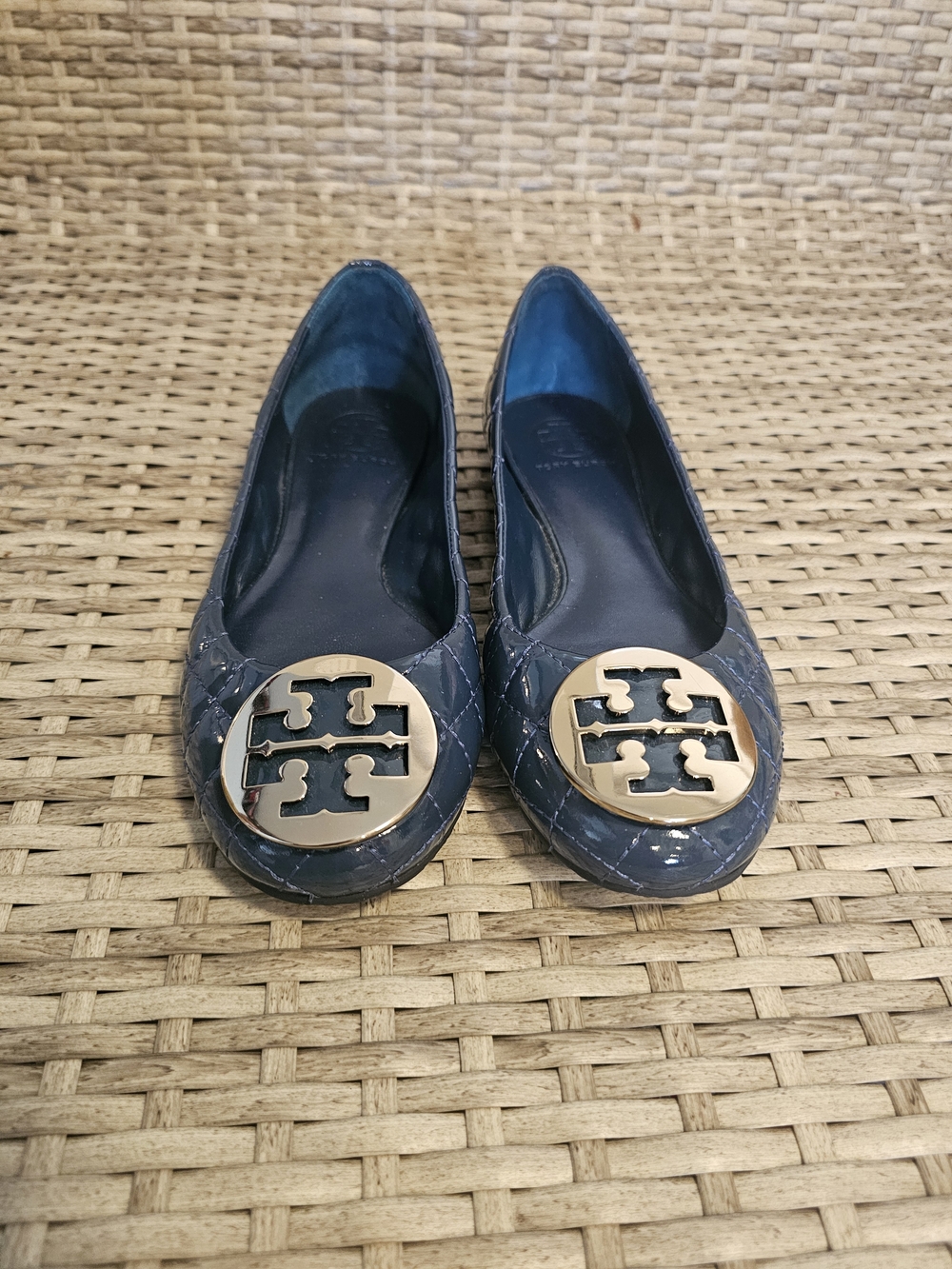 Tory Burch Navy Patent Leather Logo Ballet Flats